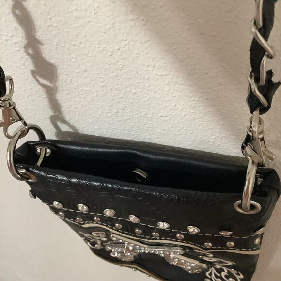 Retro Western Cowgirl Cowboy Pistol Southwestern Black Crossbody Bag Purse - Picture 4 of 10